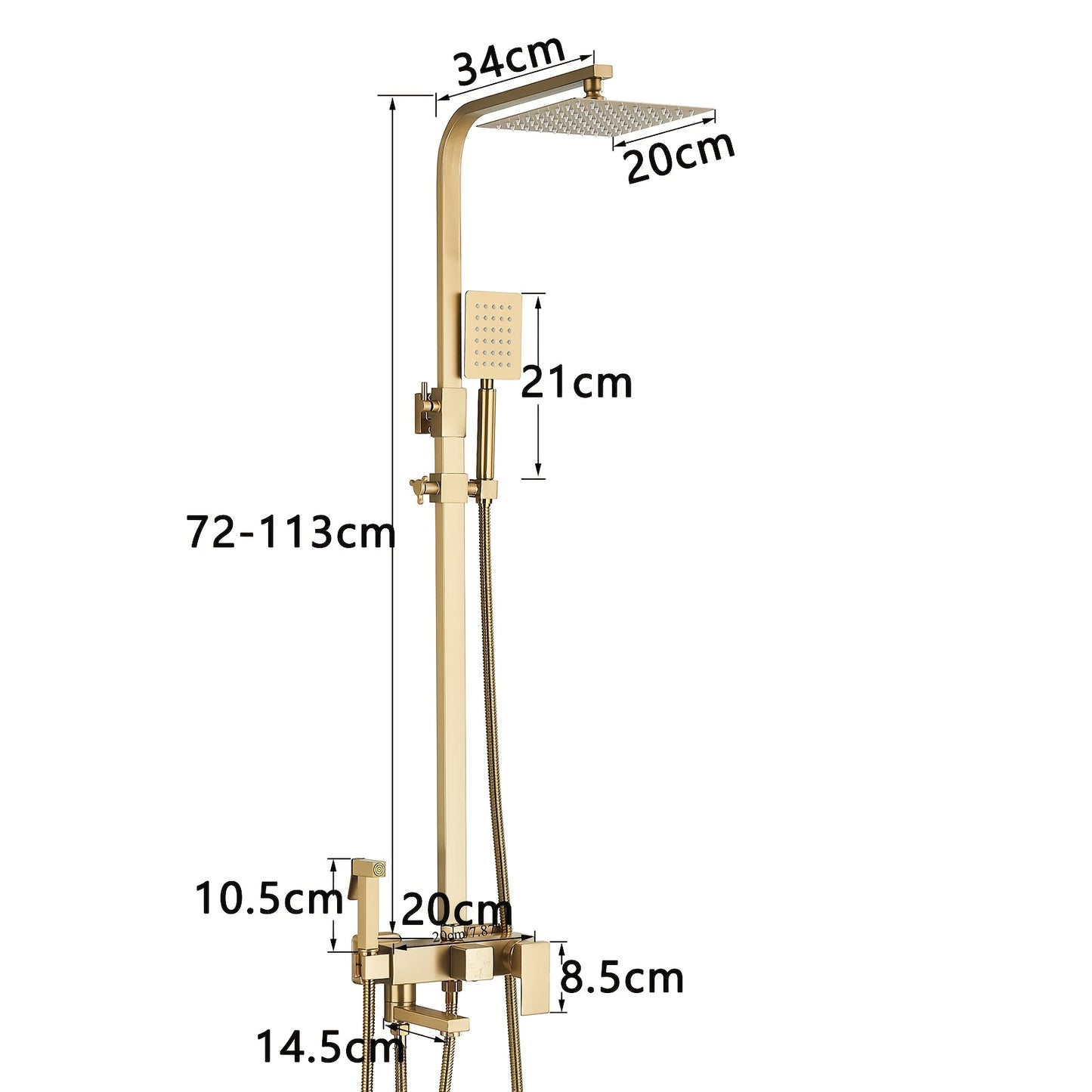 Brushed Golden Bathroom Shower Set - 20.32 cm Square Rainfall Shower Head & Adjustable Height Handheld Shower with Single Handle Control, Wall-Mounted Bath Faucet Kit, Modern Luxury Brass/ Stainless Steel Construction (No Ele