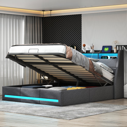 Gestoffeerd Tweepersoonsbed 160x200 – Opbergbed – Slaapbank – Bedframe – Boxspringbed – Hydraulische Opbergruimte – Grijze Linnen Bekleding