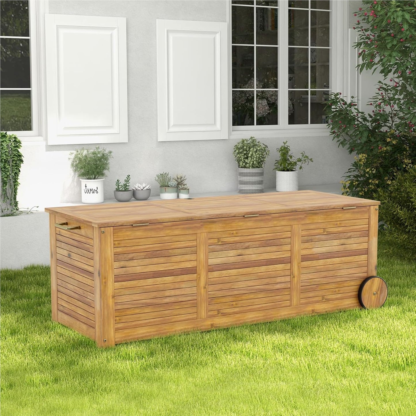 Houten Tuinbox – Opbergbox – Kist – Opbergbank – Tuinkist Met Wielen – Waterdichte Binnenzak – 127 x 50 x 45 cm