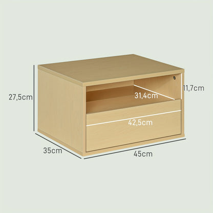 Nachtkastje – Zwevend Nachtkastje – Wandkastje – Bijzettafel – Opbergkast – Set van 2 – Natuurlijk Hout – 45x35x27,5 cm – Met Lade en Open Plank