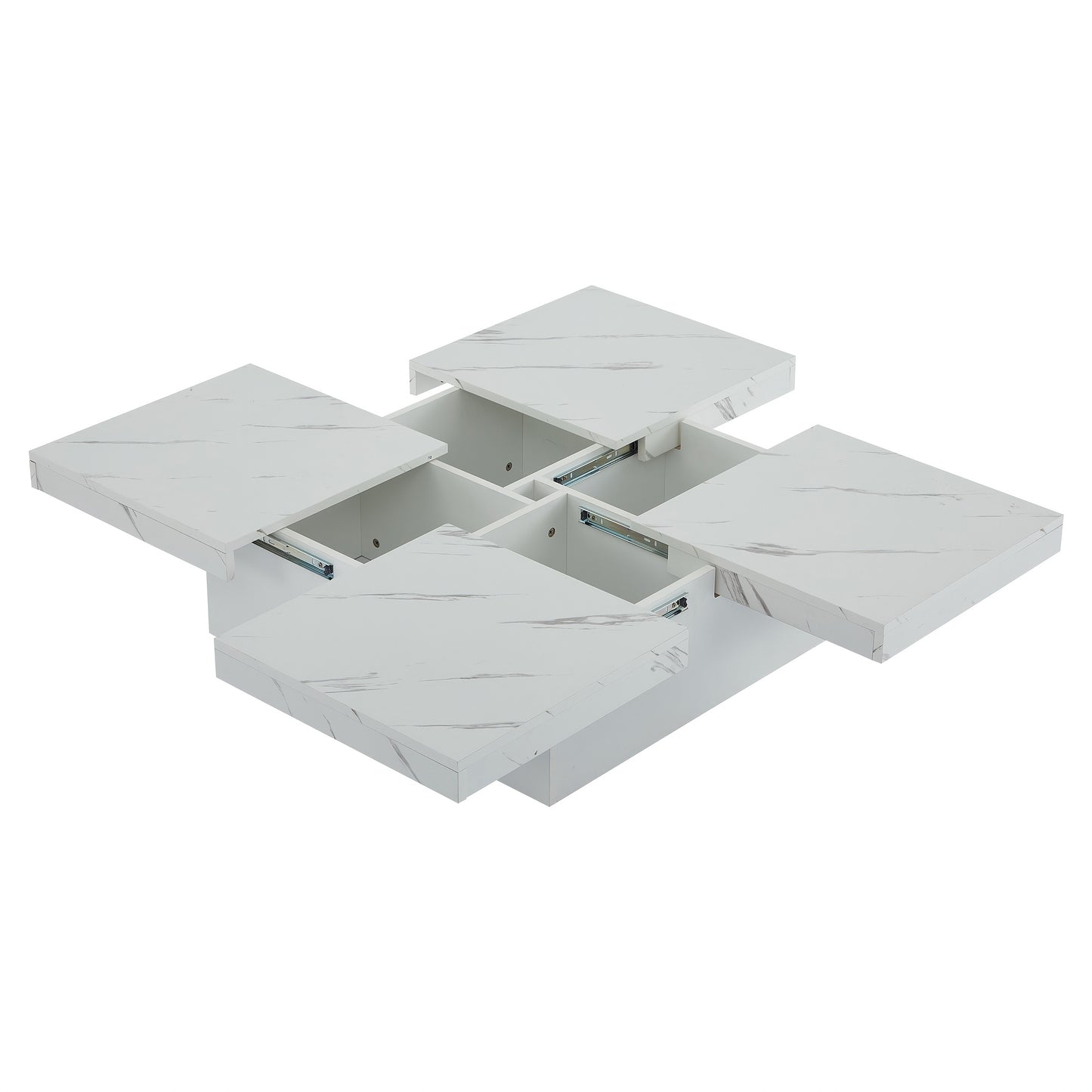 Modern White Square Coffee Table with Marble Texture, Size 90 X 90 X 25cm, Equipped with Four Drawers, Sliding Table Top, Load Capacity Up to 30kg,  Contemporary Style, Minimalist Design, Storage Table, Compact Table, Small S