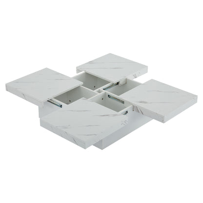 Modern White Square Coffee Table with Marble Texture, Size 90 X 90 X 25cm, Equipped with Four Drawers, Sliding Table Top, Load Capacity Up to 30kg,  Contemporary Style, Minimalist Design, Storage Table, Compact Table, Small S
