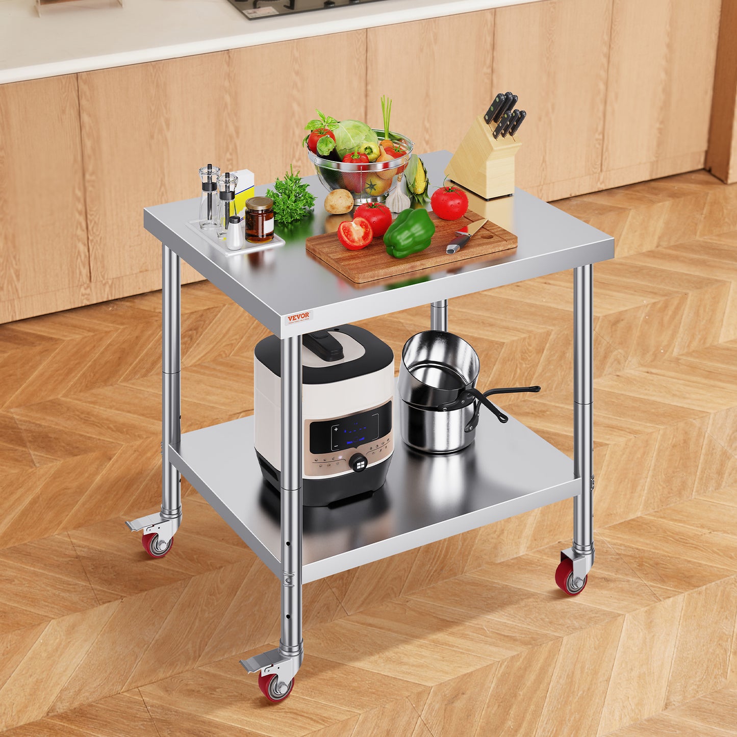 RVS Werktafel – Roestvrijstalen Werkbank – Catering Werkbank – Keukentafel – Foodprep Tafel – 91 x 76 x 86 cm – Verstelbaar Onderrek en 4 Zwenkwielen met Remmen