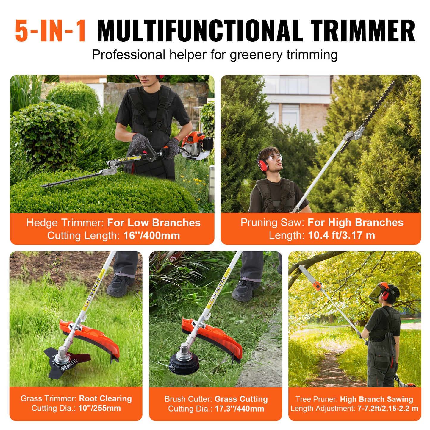 Multifunctioneel Tuingereedschapset – 5-in-1 Bosmaaier – Heggenschaar – Snoeigereedschap – Trimmer – 26CC Benzinemotor – Lichtgewicht Ergonomisch – Eenvoudig Wisselbare Opzetstukken