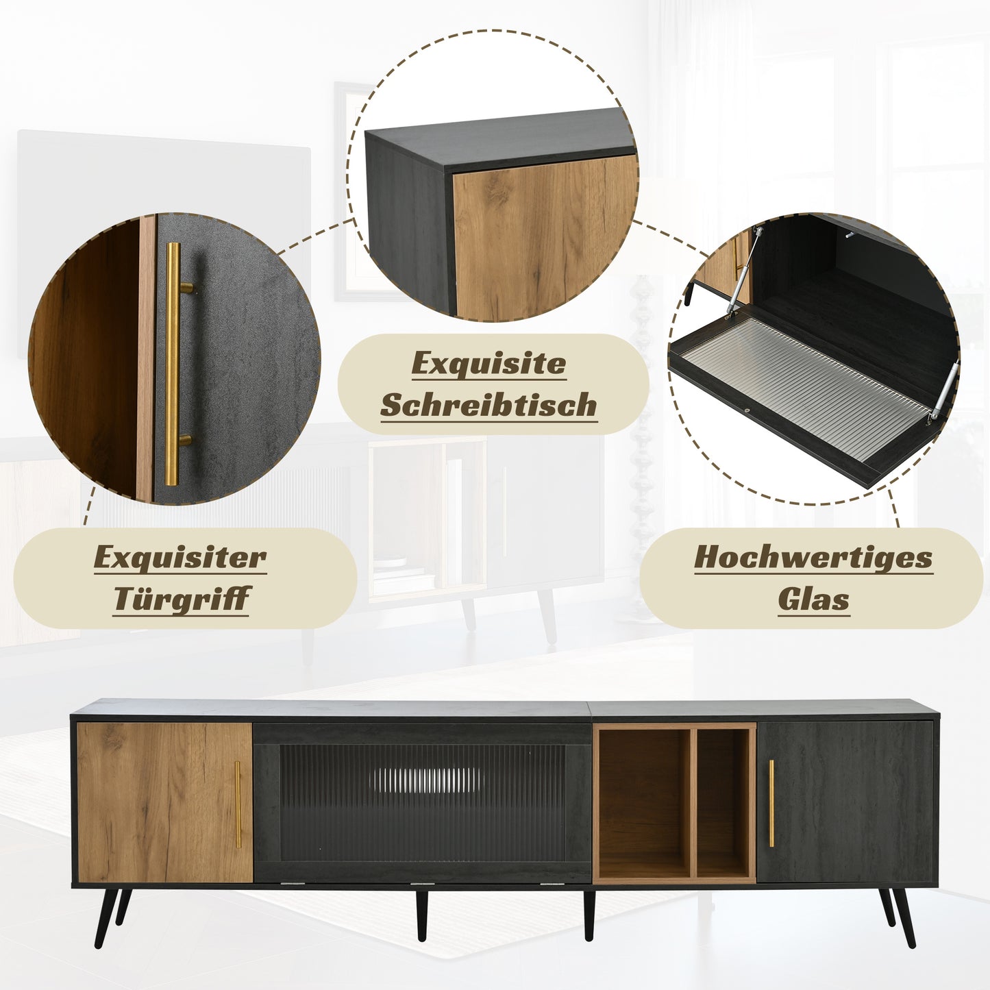 TV-Meubel – TV-Kast – Lowboard – Mediameubel – Tv-Stand – 3 Deuren Met Glazen Klapdeur – Geschikt Voor Tv’s Tot 90 Inch