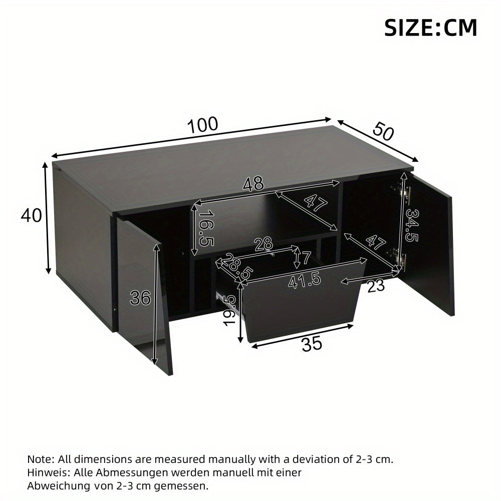 Salontafel – Koffietafel – Bijzettafel – Woonkamertafel – Tafeltje – Hoogglans Zwart – Glasblad & Metaalframe – Ruime Opbergruimte met Laden – 100x50x40 cm – Compact & Modern Design
