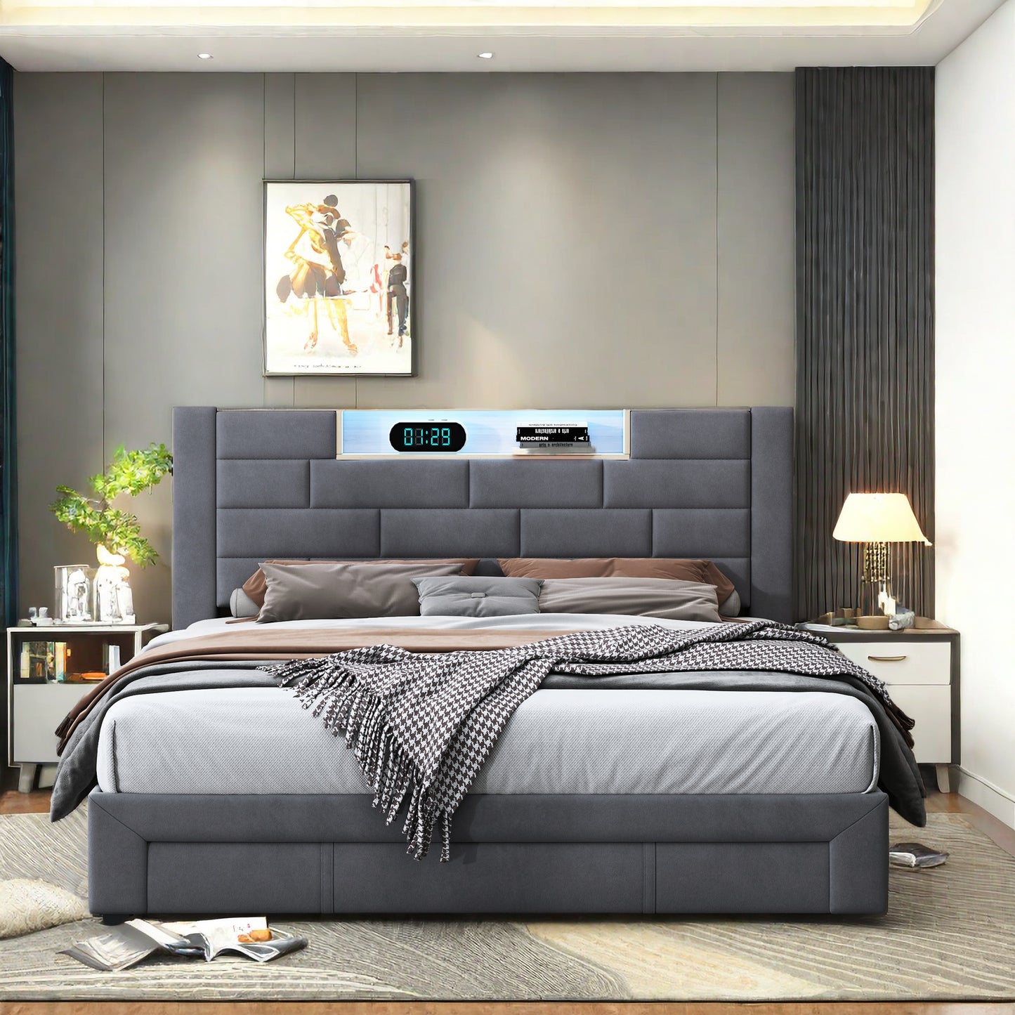 Tweepersoonsbed – Dubbelbed – Slaapbed – Led-bed – Opbergbed – Grijs 140x200 cm – Ingebouwde LED-verlichting – USB- en Type-C-poorten
