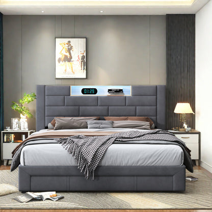 Tweepersoonsbed – Dubbelbed – Slaapbed – Led-bed – Opbergbed – Grijs 140x200 cm – Ingebouwde LED-verlichting – USB- en Type-C-poorten