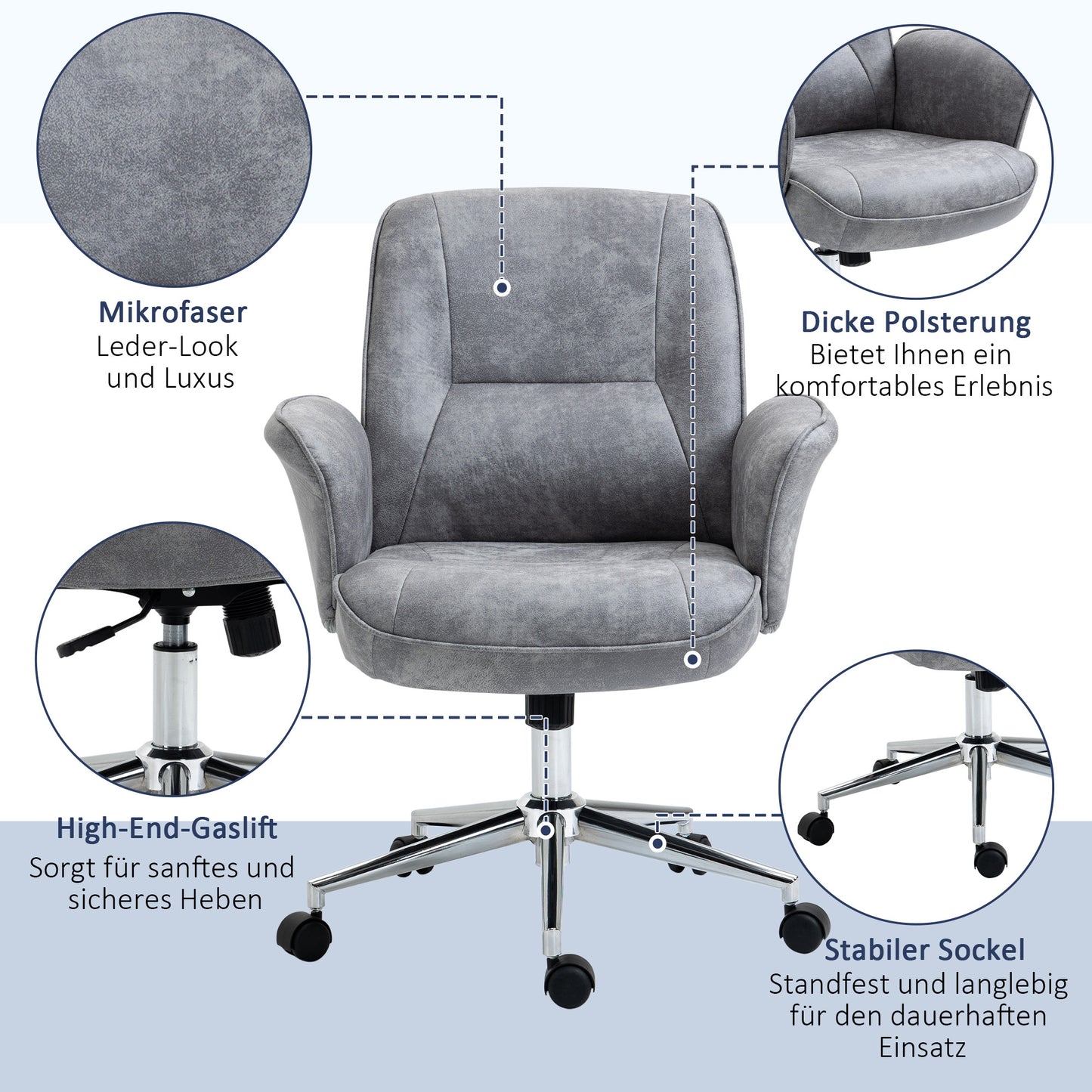 Bureaustoel – Office Chair – Draaistoel – Kantoorstoel – Bureau Stoel – Ergonomisch Design – Verstelbare Hoogte – Kantelfunctie – Microvezel – Maximaal 120 kg – Lichtgrijs – 67x69x92-102 cm