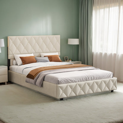 Boxspring Bedframe – Boxspring Bed – Bedframe Met Opbergruimte – Bed Met Hydraulisch Systeem – Bed Voor 2 Personen – Beige 140x200 cm – Hydraulische Lift – Velvet Hoofdbord Met Knopen