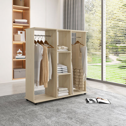 Rolkast – Kledingkast – Opbergkast – Kastje – Verrijdbare Kast – Natuurlijk Hout – 6 Wieltjes – 120x40x128 cm