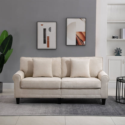 Bankstel – 3-zitsbank – Sofa – Slaapbank – Zithoek – Beige Ribfluweel – Hoogwaardig Zitcomfort 197 cm – Massief Dennehouten Poten – Inclusief 2 Sierkussens