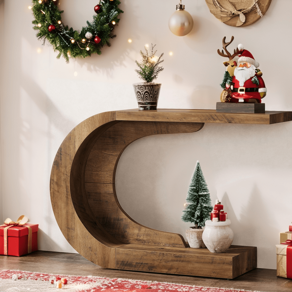 Halfronde Haltafel – Sidetable – Wandtafel – Boekenkast – Console Tafel – 110 cm – Bruin Gelamineerd Hout – Ruimtebesparend Ontwerp