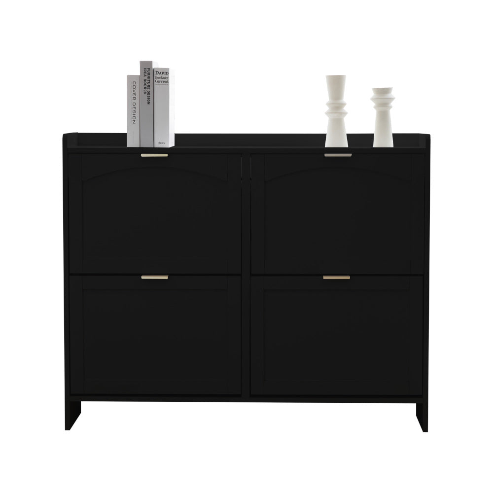 Modern Metal Shoe Cabinet with 4 Flip-Top Doors & Open Shelves - Freestanding Shoe Storage Organizer with Space-Saving Design, Sturdy Construction for Entryway, Hallway, Living Room - Black Shoe Rack with Hidden Storage Compa