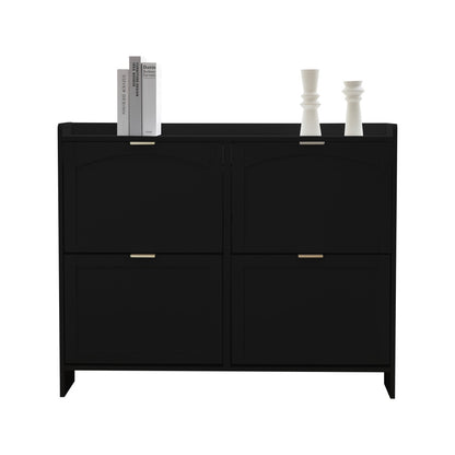 Modern Metal Shoe Cabinet with 4 Flip-Top Doors & Open Shelves - Freestanding Shoe Storage Organizer with Space-Saving Design, Sturdy Construction for Entryway, Hallway, Living Room - Black Shoe Rack with Hidden Storage Compa