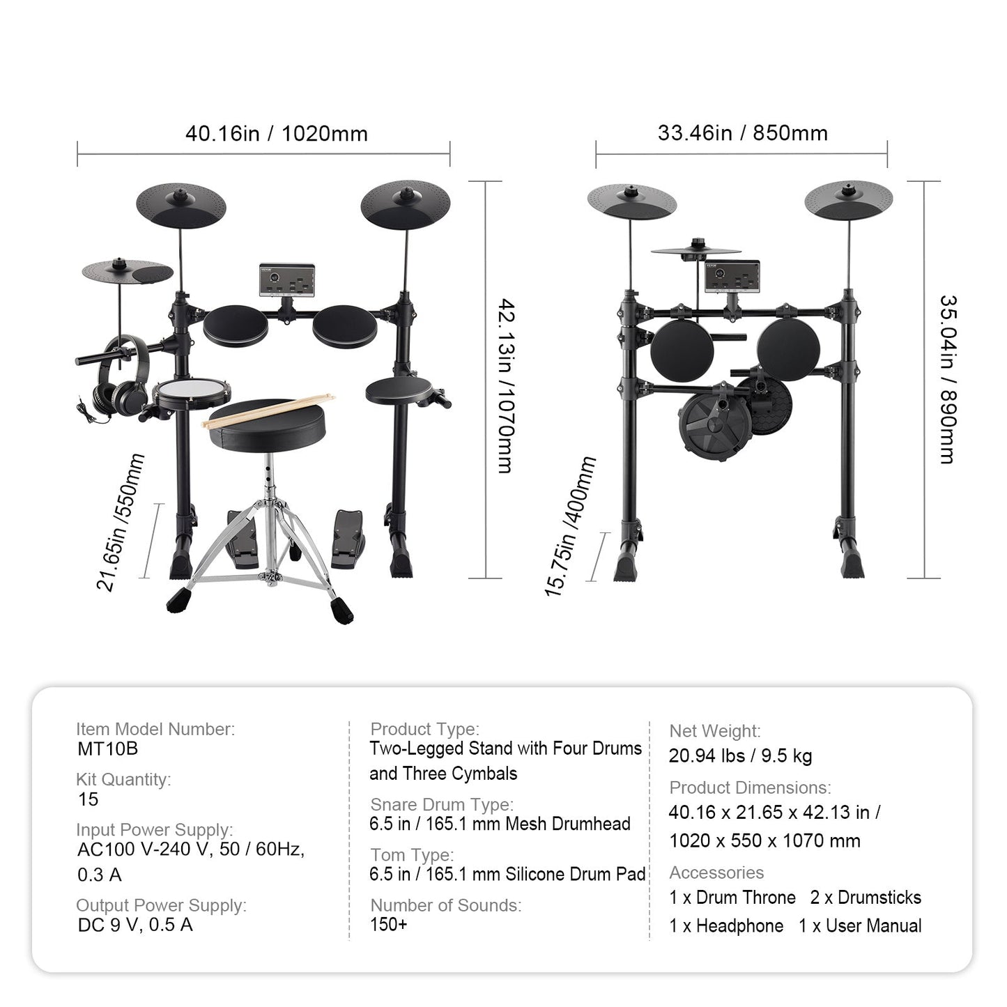 Elektronische Drumstel – Elektrische Drums – E-Drumkit – Digitale Drumset – Draagbare Drumset – 150 Geluiden – Stil Mesh Snare & Siliconen Toms