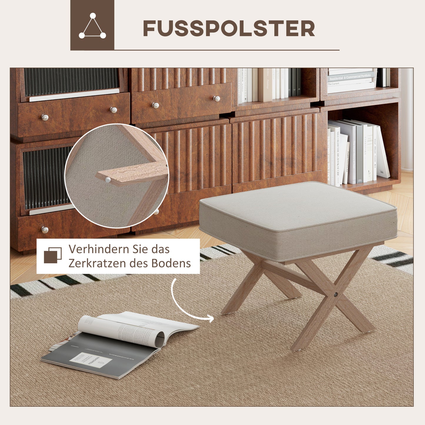 Voetenbank – Poef – Hocker – Zitbankje – Voetensteun – Comfortabel Zacht Zitvlak – Stevige Rubberwood Poten – Beige