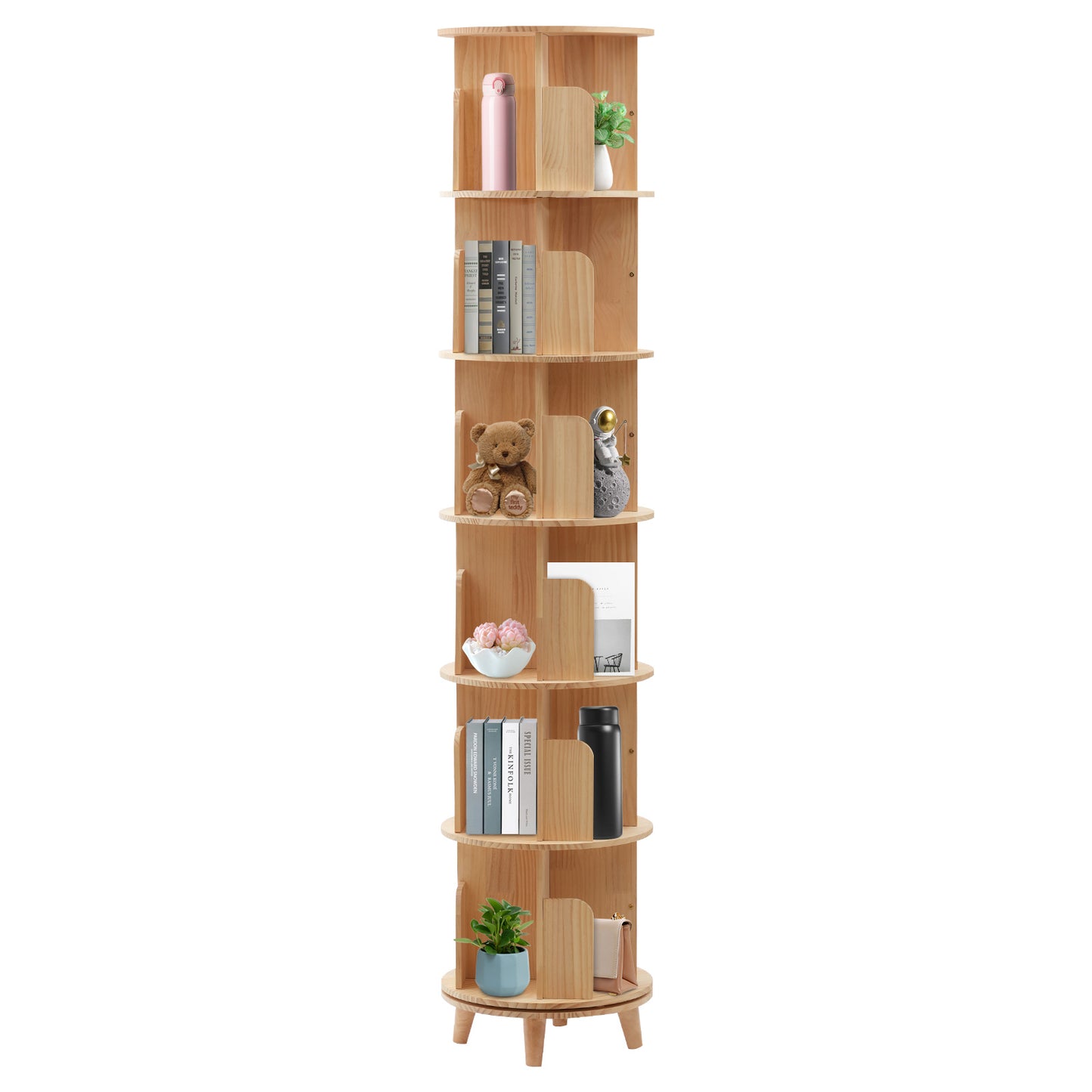 Boekenrek – Boekenkast – Wandrek – Boekenplank – Opbergkast – 6 Laags – 360° Draaibaar – Dennenhout