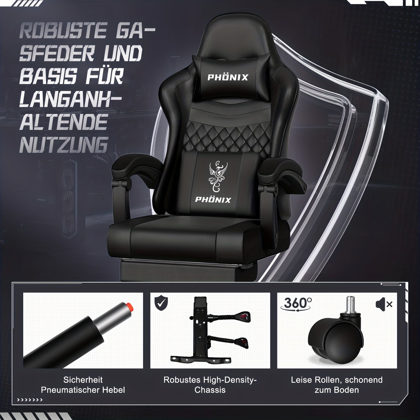 Gamingstoel – Gamestoel – Bureaustoel – Comfortstoel – Zwarte Gamingstoel – Ergonomische Lendensteun – Ingebouwde Voetensteun – 360° Draaibaar – Draaggewicht 150 kg