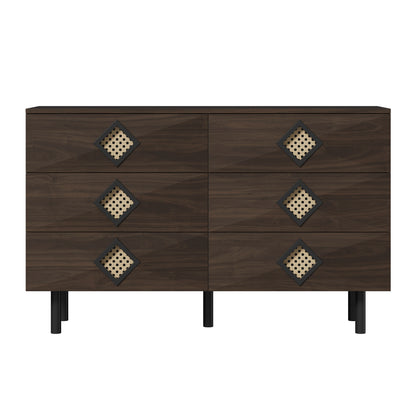 Ladekast – Ladenkast – Kommode – Dressoir – Opbergkast – 6 Lades – Rieten Details – Metalen Poten – MDF & Spaanplaat – Houtkleurig met Zwarte en Gouden Accenten