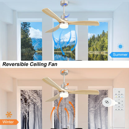 Plafondventilator – Ventilator – Luchtcirculator – Plafondwaaier – Houtventilator – Brushed Nickel Met Massief Houten Bladen – 132 cm – Dimbare LED-verlichting & Reversibele Stille DC Motor