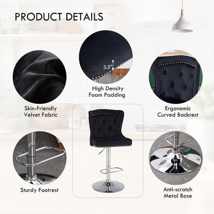 Barstoel – Barkruk – Barstoel Kruk – Barstoelen – Barkrukken – Set Van 2 – Verstelbare Hoogte – Zwarte Velvet Bekleding – Ergonomische Hoge Rugleuning – Met Draaifunctie – Metaal Frame – Max. 136 kg Belastbaar