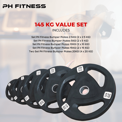PH Fitness Premium Weight Plates – Rubber Coating – 35KG / 75KG / 105KG / 145KG / 290KG – Strength Training & Home Gym – 50mm Hole for Barbell