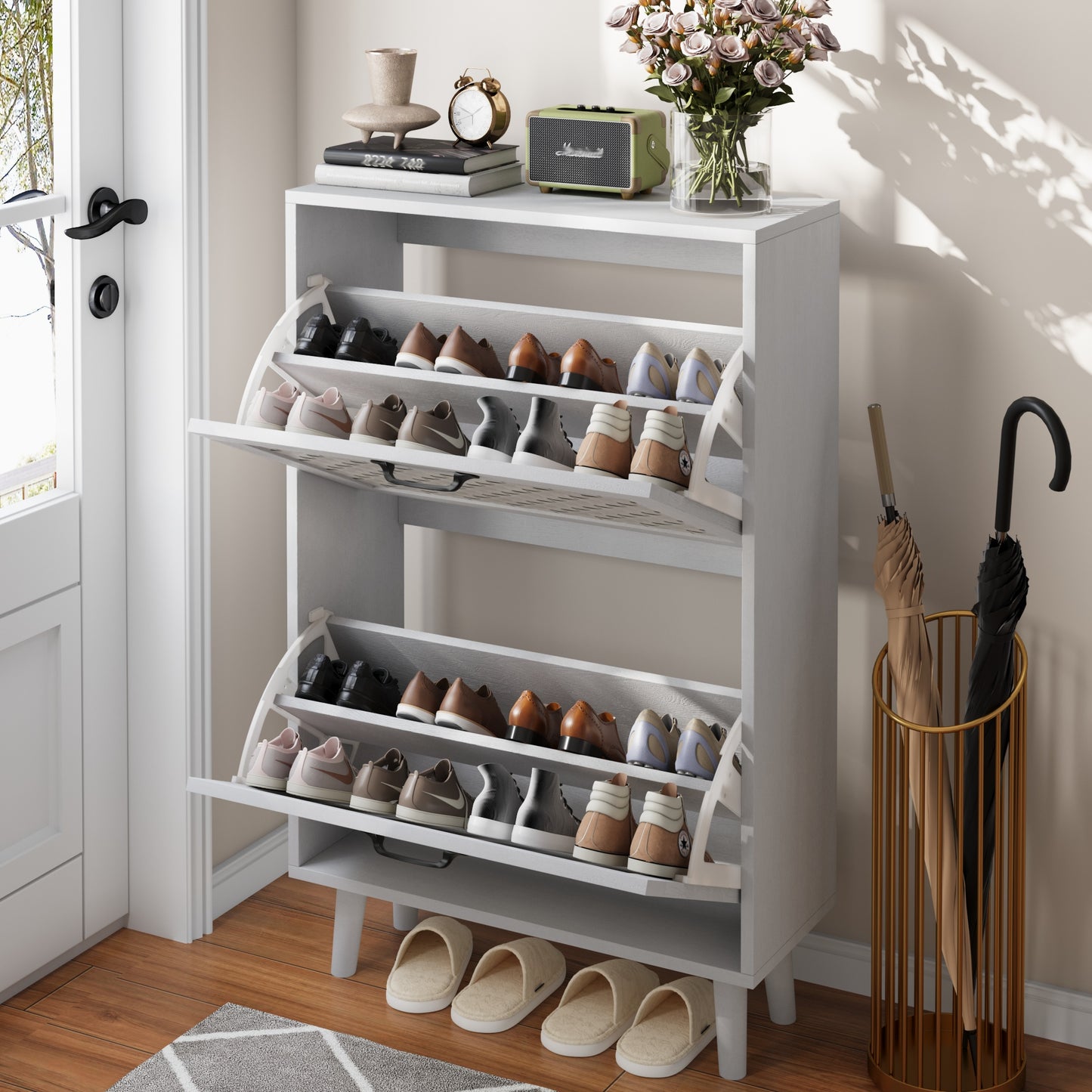 Schoenenkast – Schoenenrek – Schoenenbank – Hal Organizer – Opbergkast – Handgemaakte Rieten Lades – Massief Houten Poten – Compact Smal Ontwerp – MDF Wit