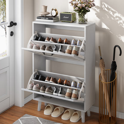 Schoenenkast – Schoenenrek – Schoenenbank – Hal Organizer – Opbergkast – Handgemaakte Rieten Lades – Massief Houten Poten – Compact Smal Ontwerp – MDF Wit