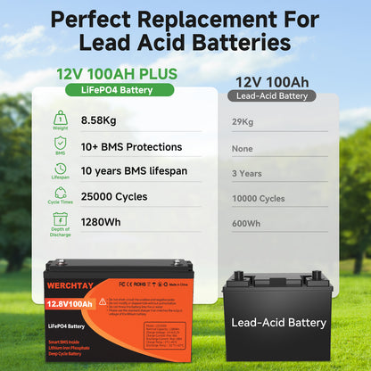 Lithium Accu – LiFePO4 Batterij – 12V 100Ah Accu – Oplaadbare Accu – Bootaccu – Lichtgewicht & Veilig – Smart BMS Bescherming