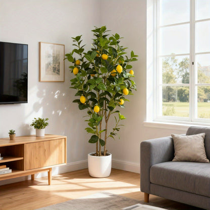 Kunstlemonboom – Nep Citroenboom – Kunstcitroenboom – Kunstplant – Kunstbomen – Set van 2 – 122 cm Hoog – Inclusief Witte Potten