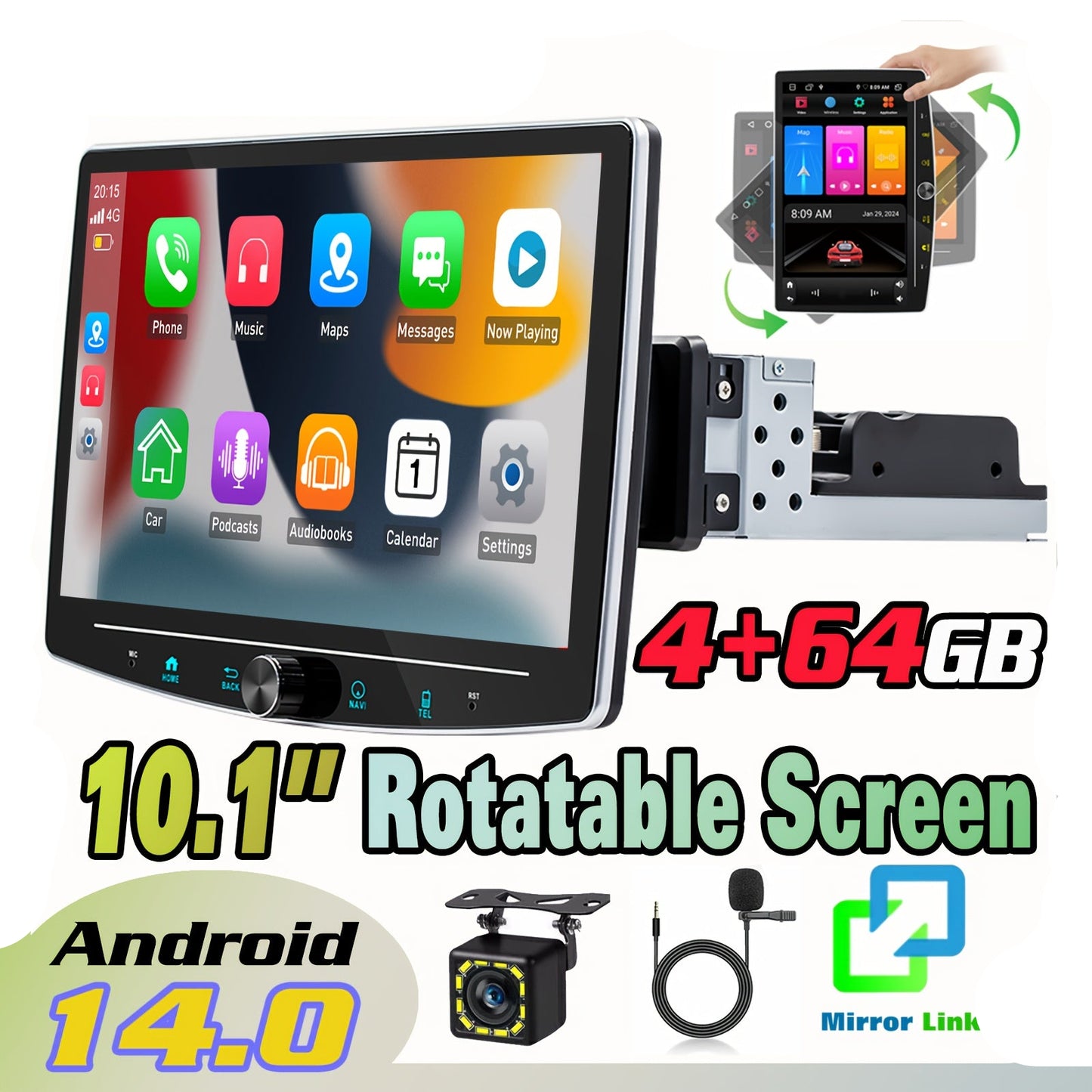 Autoradio – Auto Stereo – Multimedia Systeem – Incar Entertainment – 1 DIN Radio – Draaibaar 10,1 Inch HD IPS Touchscreen – Android 14.0 Met Microfoon & 12 LED Camera