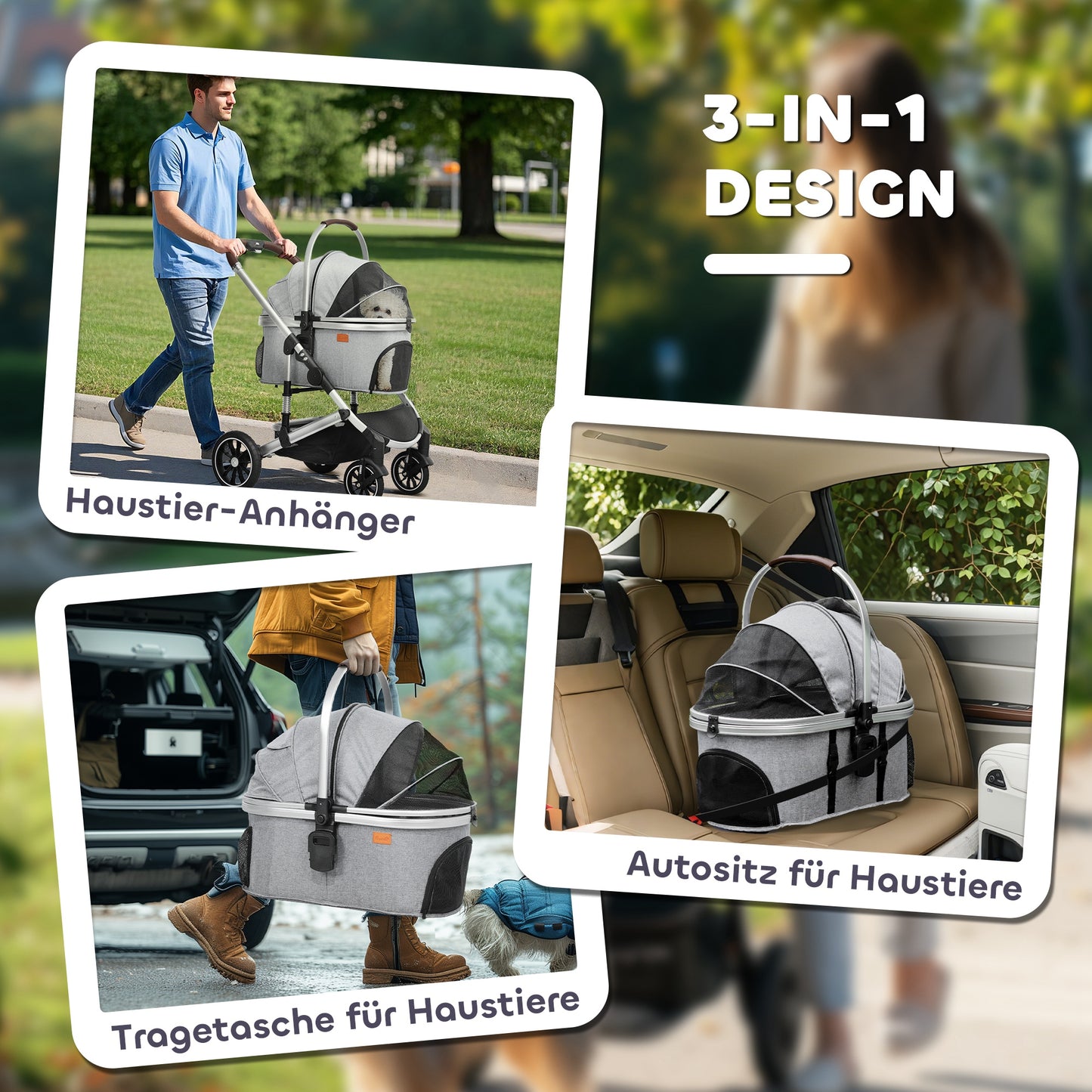 Hondenwagen – Huisdierenwagen – Buggy – Draagtas – Autostoel – Lichtgewicht Aluminium Frame – 3-in-1 Opvouwbaar Design – Inclusief Veiligheidsharnassen – Lichtgrijs