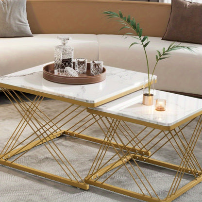 Salontafelset – Koffietafel – Bijzettafel – Woonkamertafel – Tafeltje – Glanzend Marmerlook – 2 Stuks Vierkant 60x60x45 & 45x45x40 cm – Verstelbare Poten, Max 30 kg Belastbaar