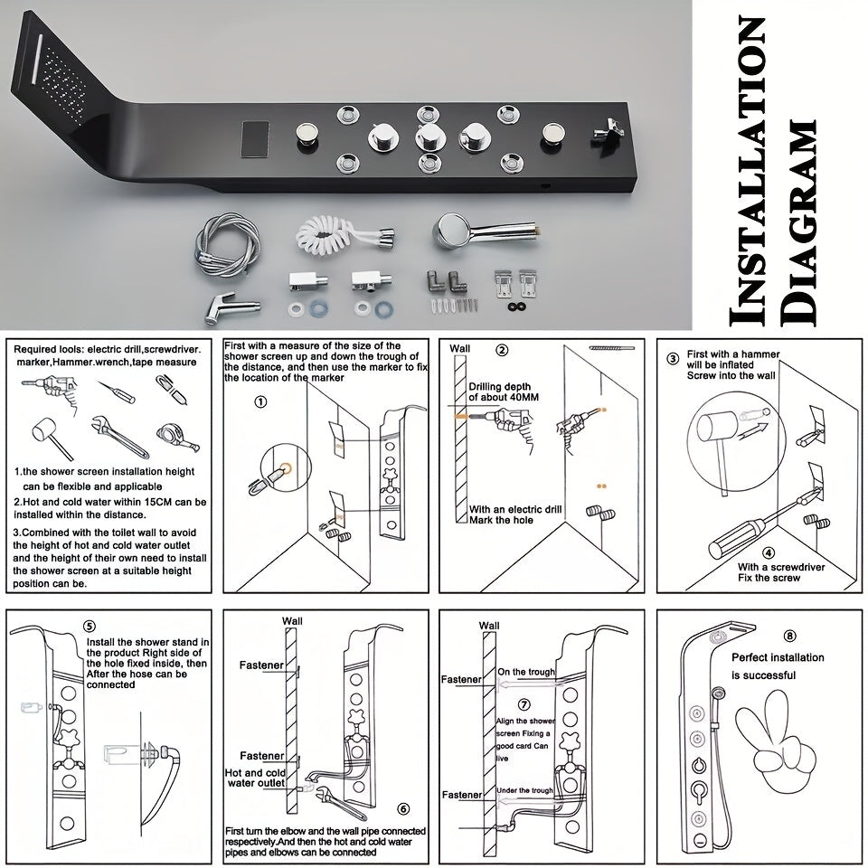 Douchepaneel – Douchekolom – Regendouche – Body Jets – Handdouche – Geborsteld Nikkel – 304 Roestvrij Staal – LED Temperatuurdisplay