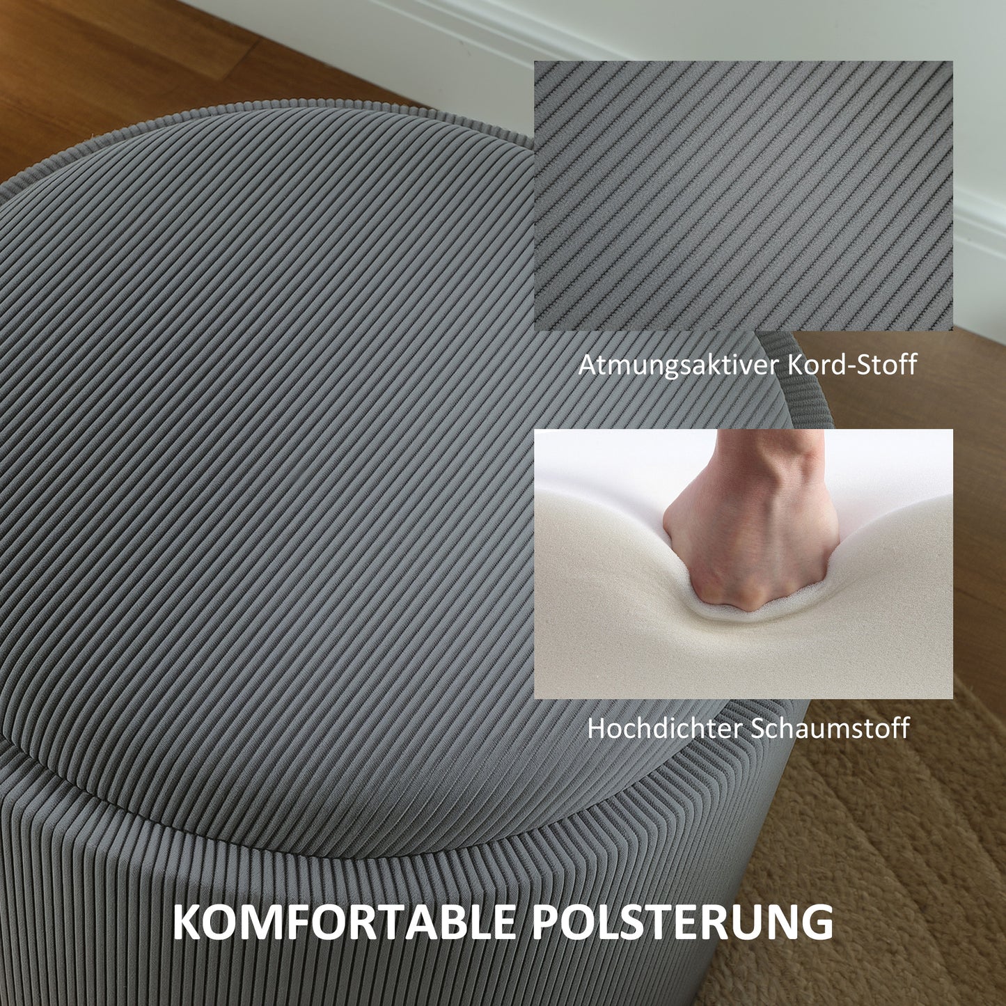 Opbergpoef – Opbergbox – Zitpoef – Poef Met Opbergruimte – Voetenbankje – Grijs Corduroy – Ronde Vorm – Comfortabele Voetensteun