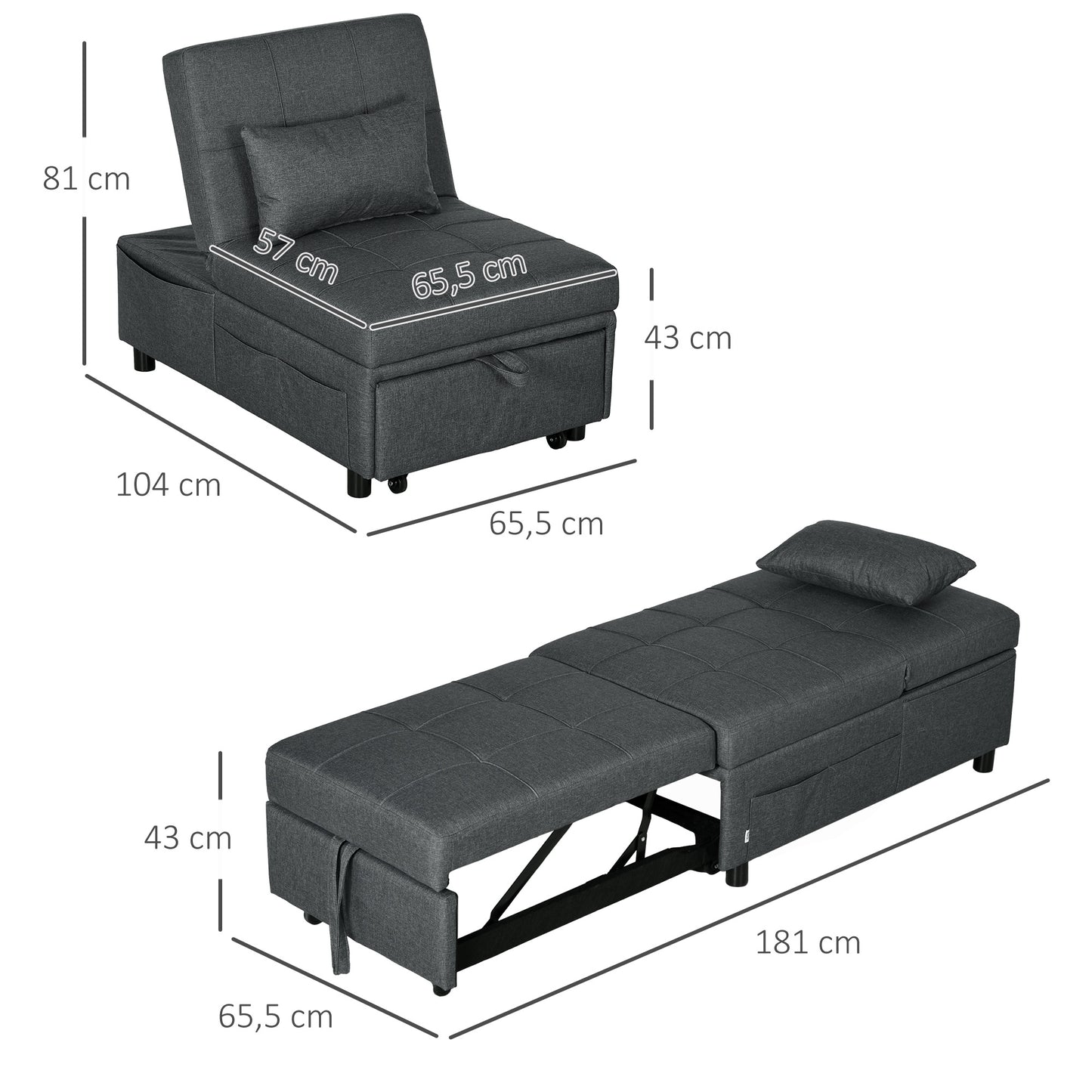 3-in-1 Stoel – Slaapstoel – Fauteuil – Chaise Longue – Grijs – Verstelbare Rugleuning – Handige Zijvakjes