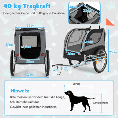 Huisdieraanhangwagen – Hondenfietsaanhanger – Huisdierfietskar – Dierentransportkar – Fietskar voor Honden Grijs – Ademend Oxford Doek – 3 Toegangsdeuren met Veiligheidsvlag en Quick Release Wielen
