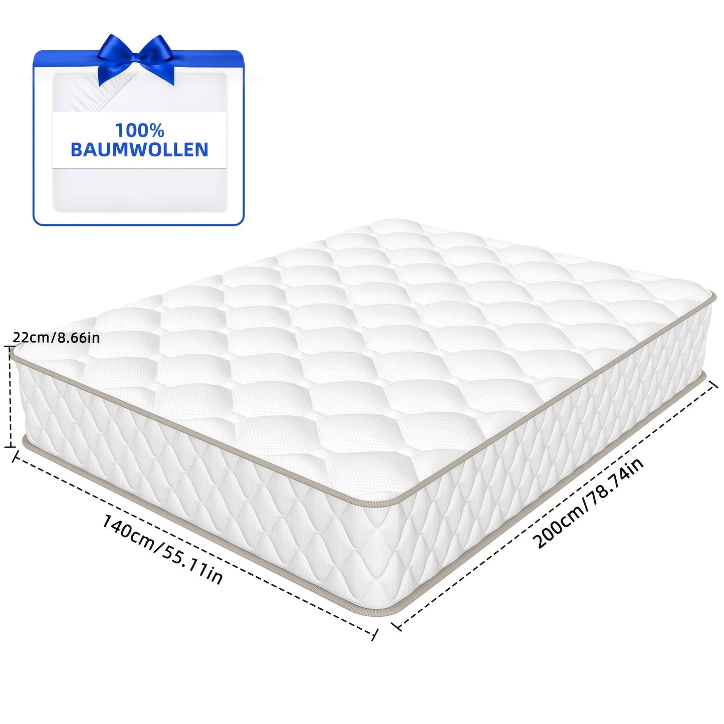 Matras – Pocketveringmatras – Tweepersoonsmatras – Koudschuimmatras – Logeermatras – 140x200x22 cm – Memory Foam Toplaag – Ademend en Bewegingsisolerend