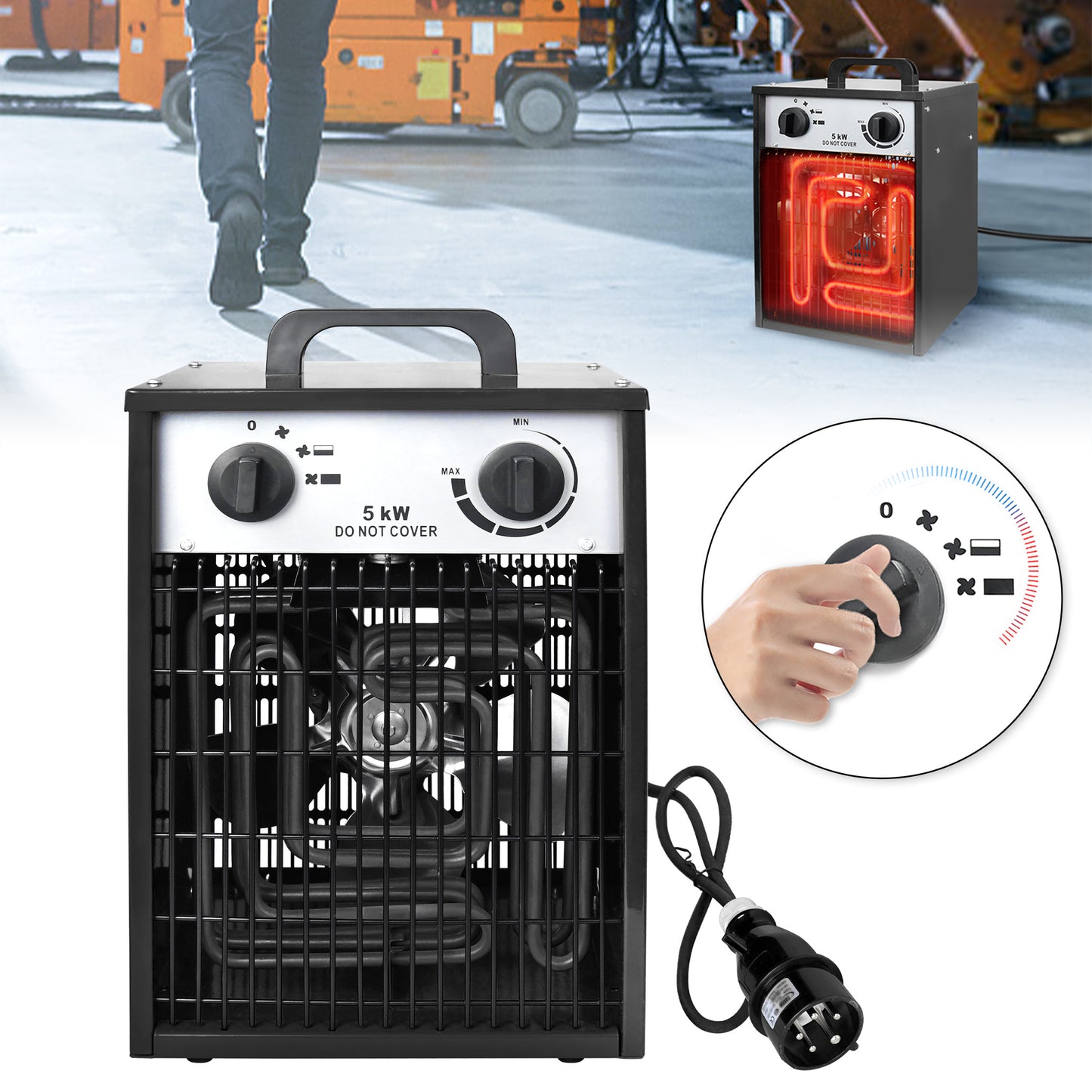 Elektrische Terrasverwarmer – Buitenverwarmer – Patio Heater – Vrijstaand – Draagbaar – 5 kW Vermogen – Met Ventilatorfunctie – Zwart/Rode Metalen Behuizing
