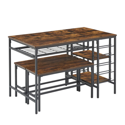 Eettafelset – Tafel Met Banken – Compacte Eetkamer Set – Keukentafel – Wijnrek – Hardhouten Rustiek Design – Ruimtebesparend Met Opbergruimte – Geschikt Voor 4 Personen
