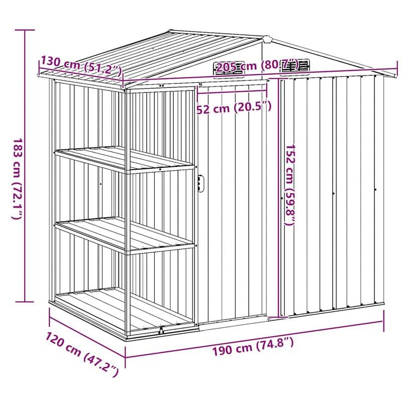 205x130x183cm Removable Anthracite Iron Garden House with Shelves - Heavy-Duty Outdoor Storage Shed, Portable Garden Storage Warehouse with Shelves