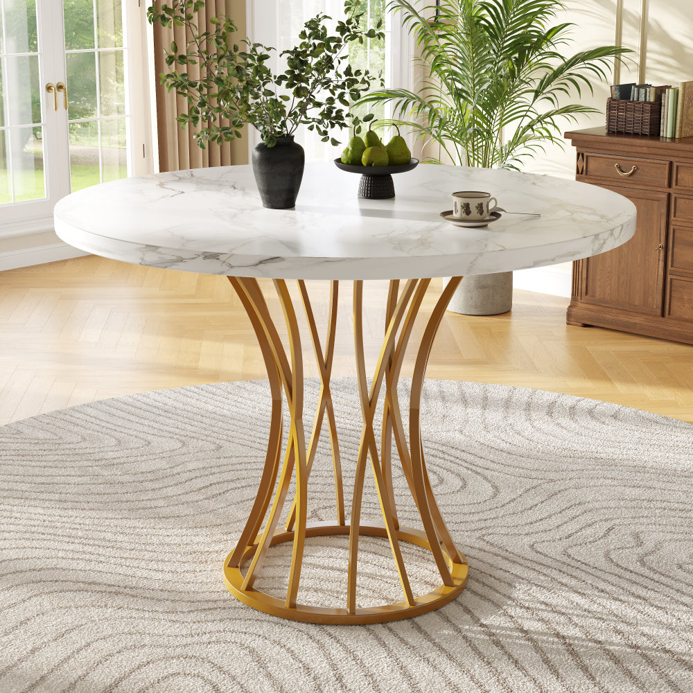 Eettafel – Ronde Tafel – Eetkamertafel – Keukentafel – Tafeltje – Marmerlook Blad – Gouden Glanzende Poot – 80x80x76 cm – Geschikt voor 4-6 Personen