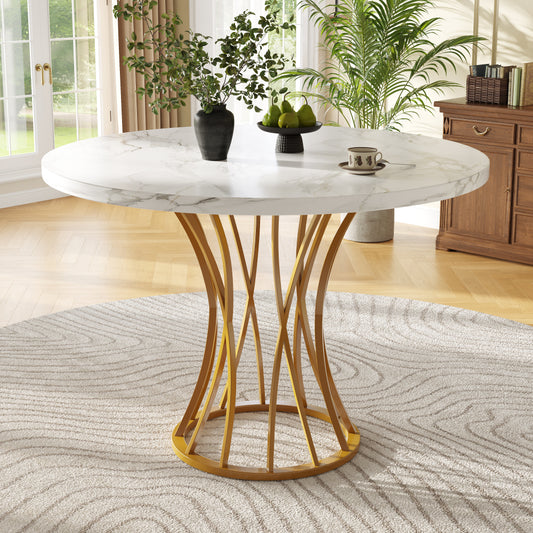 Eettafel – Ronde Tafel – Eetkamertafel – Keukentafel – Tafeltje – Marmerlook Blad – Gouden Glanzende Poot – 80x80x76 cm – Geschikt voor 4-6 Personen