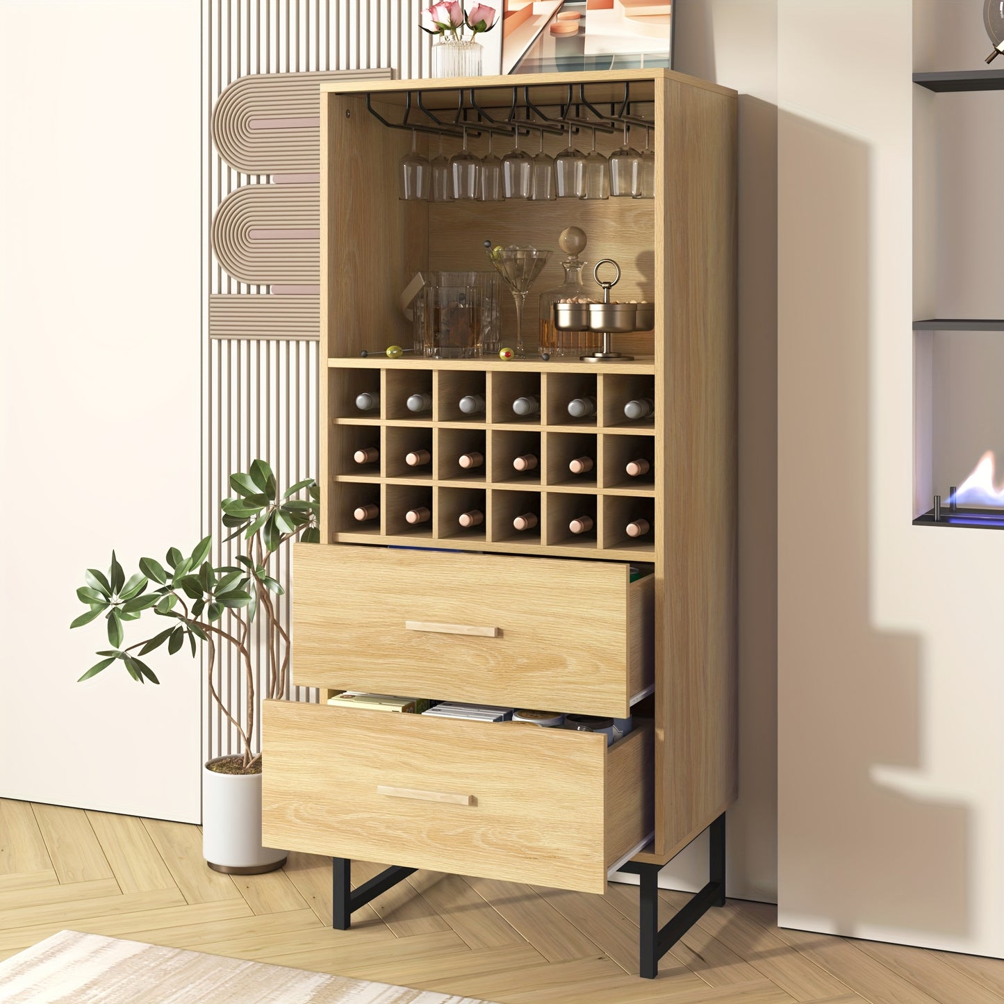 Wijnrek – Wijnkast – Flessenrek – Wijnopslag – Wijnfleshouder – Beige Houten Design – 18 Vakken Met 2 Lades – Matte Zwarte Metalen Pootjes