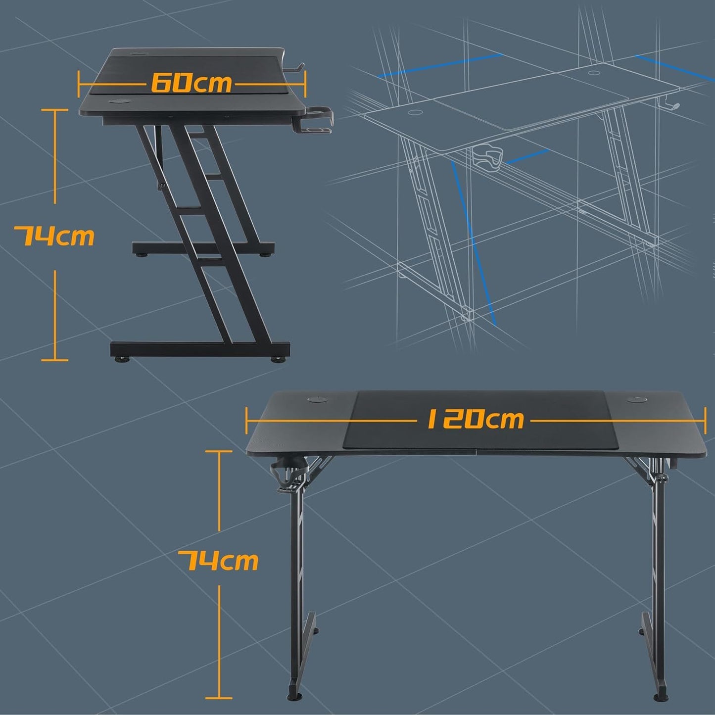 Gaming Bureau – Gaming Tafel – Game Desk – Computer Tafel – Game Bureau – 140 cm Breed – Hoogte Verstelbaar – Carbonfiber Tafelblad – LED Verlichting
