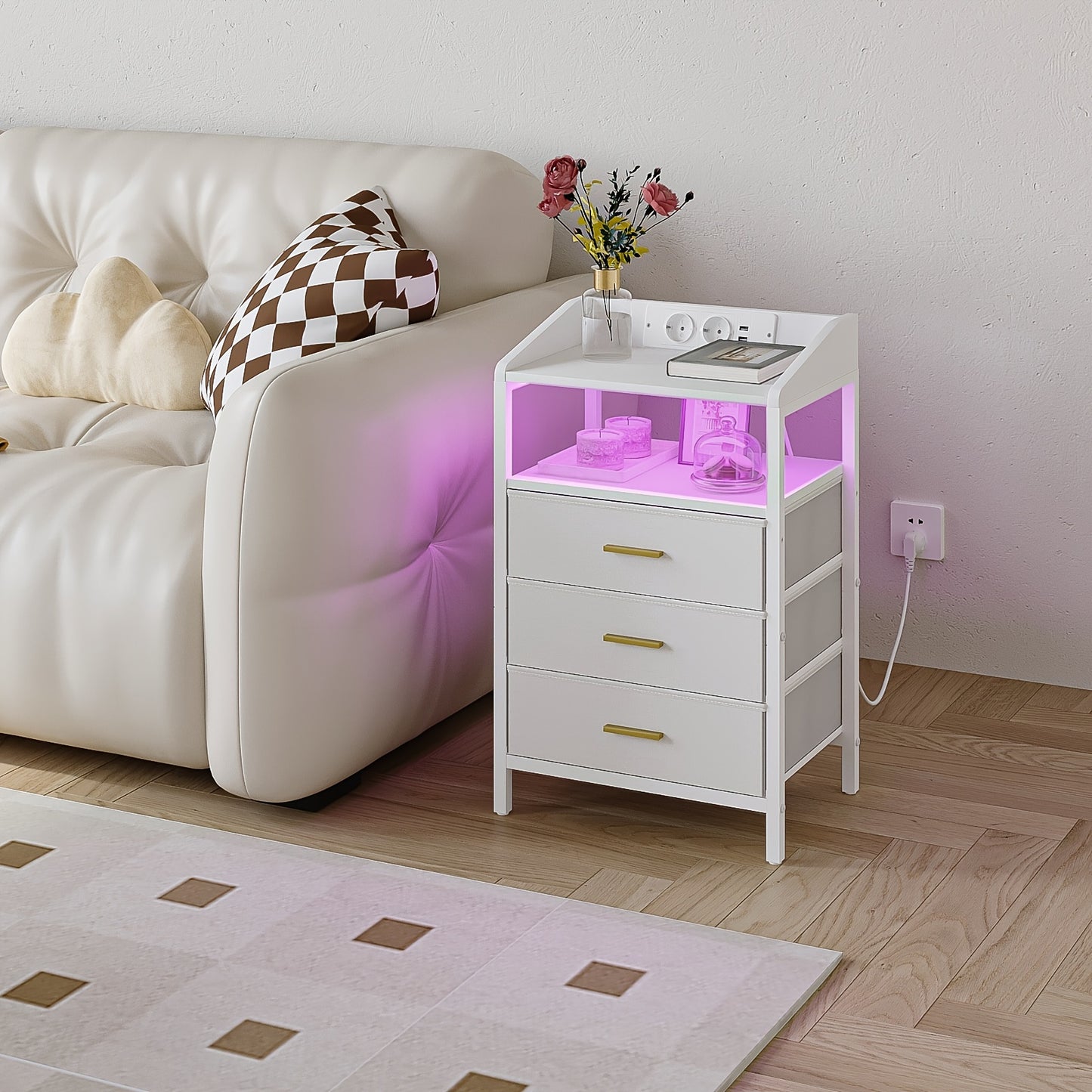 Nachtkastje – Nachtkastjes – Bedkastje – Bijzettafel – Opbergkastje – Set van 2 – LED Verlichting – Oplaadstation met USB en Stopcontacten – Modern – Zwart/Wit