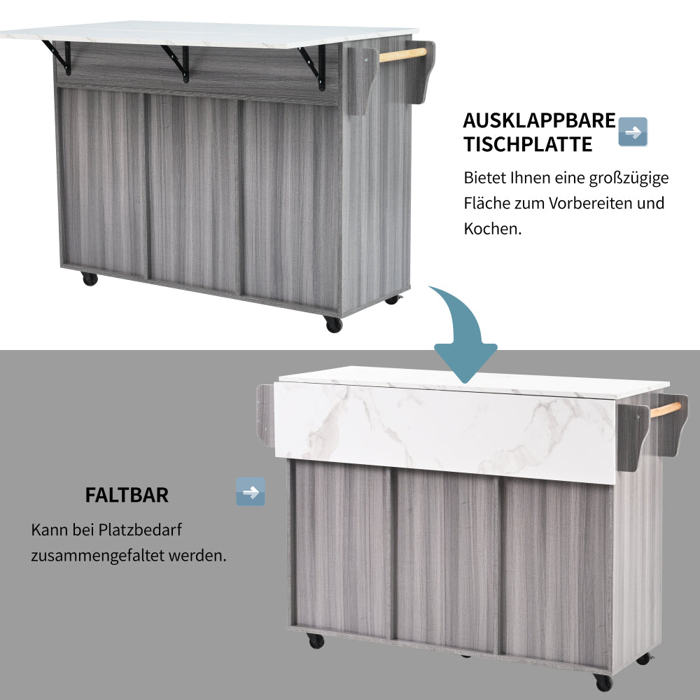Modern Mobile Storage Island with White Marble Surface & Grey Body - Space-Saving Kitchen Island with Open Shelving, Drawers & Cabinet Doors