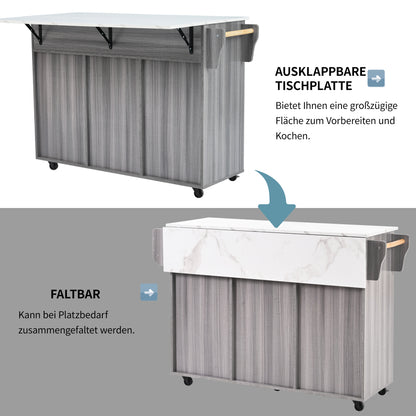 Modern Mobile Storage Island with White Marble Surface & Grey Body - Space-Saving Kitchen Island with Open Shelving, Drawers & Cabinet Doors