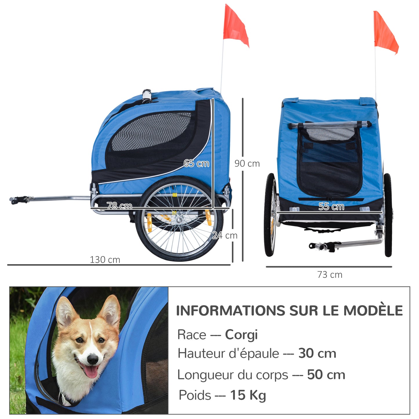 Fietskar Honden – Hondenkar – Hondenaanhanger – Hondenbuggy – Huisdierenkar – Met 8 Reflectoren – Waterdicht Oxford Stof – Blauw/Zwart